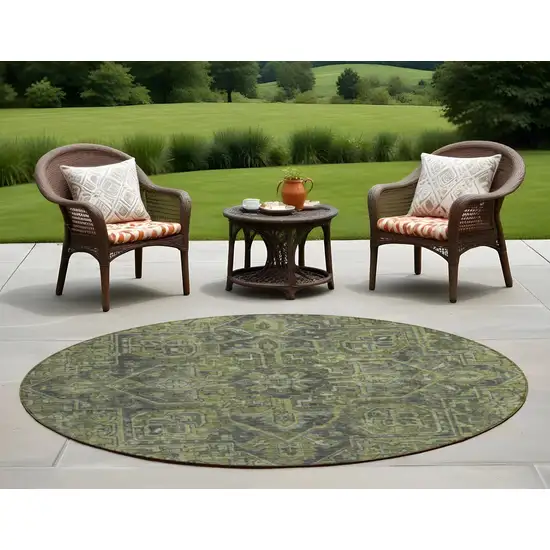 8' Round Moss Green and Gray Round Oriental Washable Non Skid Indoor Outdoor Area Rug Photo 1