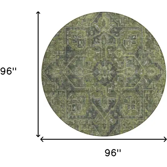 8' Round Moss Green and Gray Round Oriental Washable Non Skid Indoor Outdoor Area Rug Photo 3