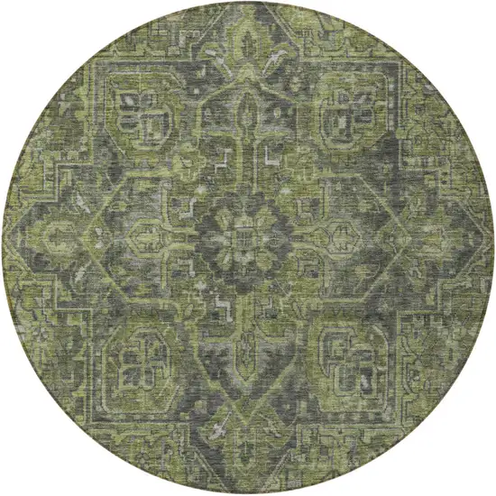 8' Round Moss Green and Gray Round Oriental Washable Non Skid Indoor Outdoor Area Rug Photo 5