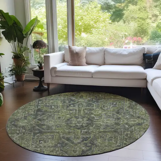 Moss Green and Gray Round Oriental Washable Non Skid Indoor Outdoor Area Rug Photo 9