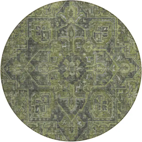 8' Round Moss Green and Gray Round Oriental Washable Non Skid Indoor Outdoor Area Rug Photo 2