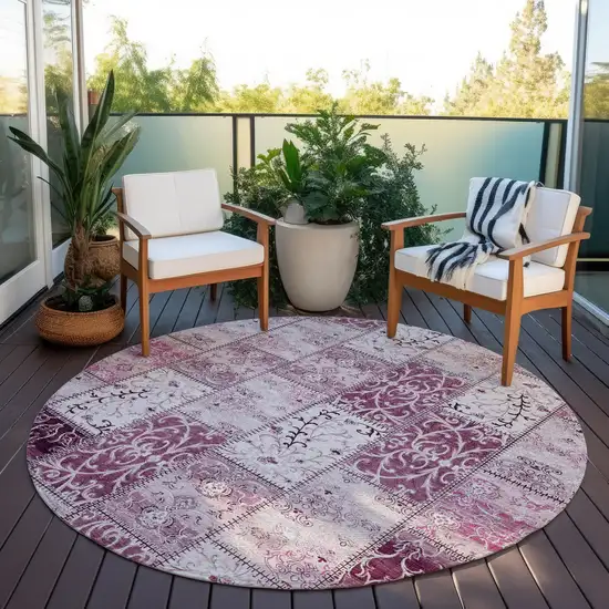 8' Round Mountbatten Pink Round Patchwork Washable Non Skid Indoor Outdoor Area Rug Photo 8