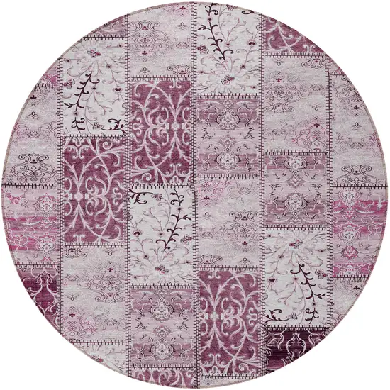 8' Round Mountbatten Pink Round Patchwork Washable Non Skid Indoor Outdoor Area Rug Photo 5