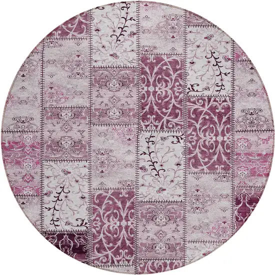 8' Round Mountbatten Pink Round Patchwork Washable Non Skid Indoor Outdoor Area Rug Photo 2