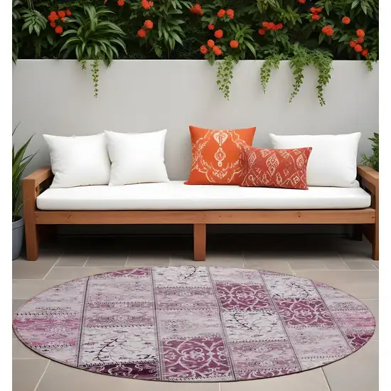 8' Round Mountbatten Pink Round Patchwork Washable Non Skid Indoor Outdoor Area Rug Photo 1