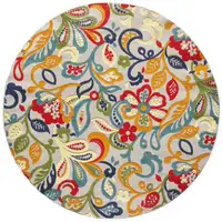 Photo of 8' Round Multicolor Jacobean Floral Indoor Outdoor Area Rug