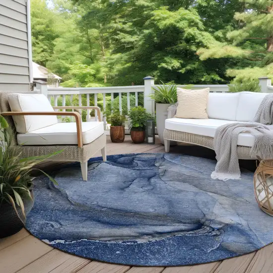 Navy Blue Round Abstract Washable Non Skid Indoor Outdoor Area Rug Photo 8