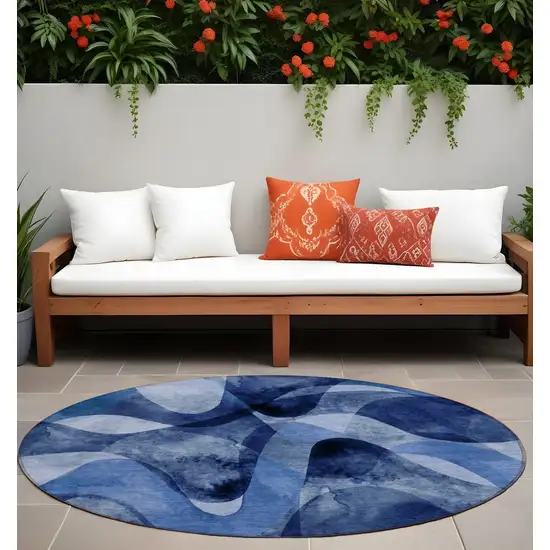 Navy Blue Round Abstract Washable Non Skid Indoor Outdoor Area Rug Photo 1