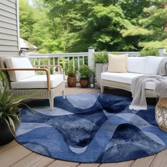 Navy Blue Round Abstract Washable Non Skid Indoor Outdoor Area Rug Photo 6