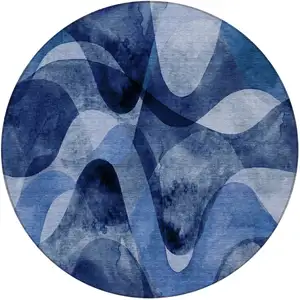 Photo of 8' Round Navy Blue Round Abstract Washable Non Skid Indoor Outdoor Area Rug