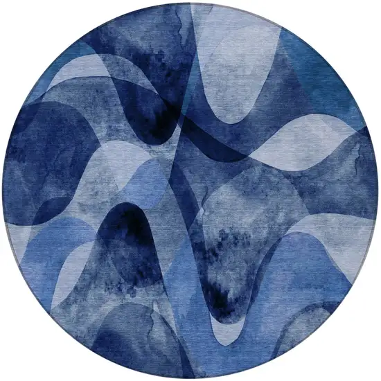 8' Round Navy Blue Round Abstract Washable Non Skid Indoor Outdoor Area Rug Photo 3