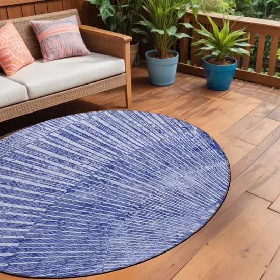 8' Round Navy Blue Round Abstract Washable Non Skid Indoor Outdoor Area Rug Photo 1