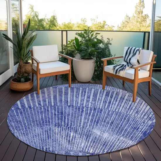 8' Round Navy Blue Round Abstract Washable Non Skid Indoor Outdoor Area Rug Photo 8