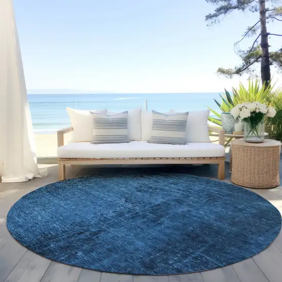 8' Round Navy Blue Round Abstract Washable Non Skid Indoor Outdoor Area Rug Photo 8