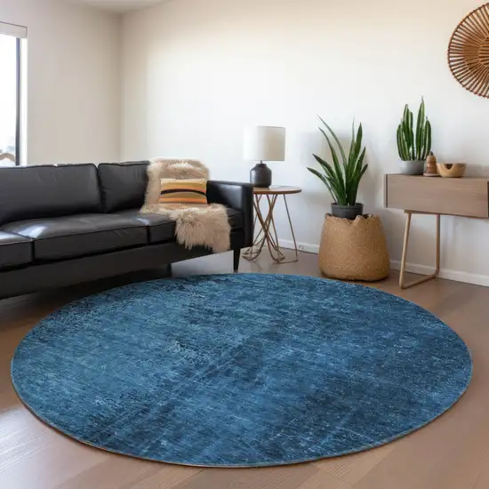 8' Round Navy Blue Round Abstract Washable Non Skid Indoor Outdoor Area Rug Photo 9