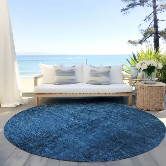 Navy Blue Round Abstract Washable Non Skid Indoor Outdoor Area Rug Photo 8