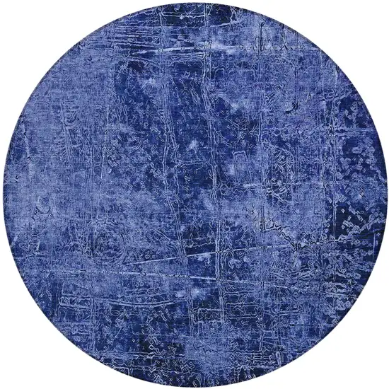 Navy Blue Round Abstract Washable Non Skid Indoor Outdoor Area Rug Photo 2