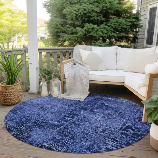 Navy Blue Round Abstract Washable Non Skid Indoor Outdoor Area Rug Photo 8