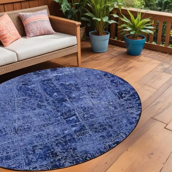 Navy Blue Round Abstract Washable Non Skid Indoor Outdoor Area Rug Photo 1