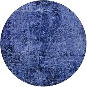 Photo of 8' Round Navy Blue Round Abstract Washable Non Skid Indoor Outdoor Area Rug