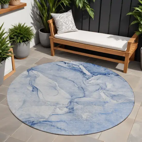 8' Round Navy Blue Round Abstract Washable Non Skid Indoor Outdoor Area Rug Photo 1