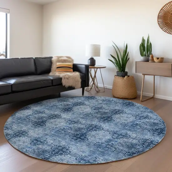 Navy Blue Round Floral Medallion Washable Non Skid Indoor Outdoor Area Rug Photo 7