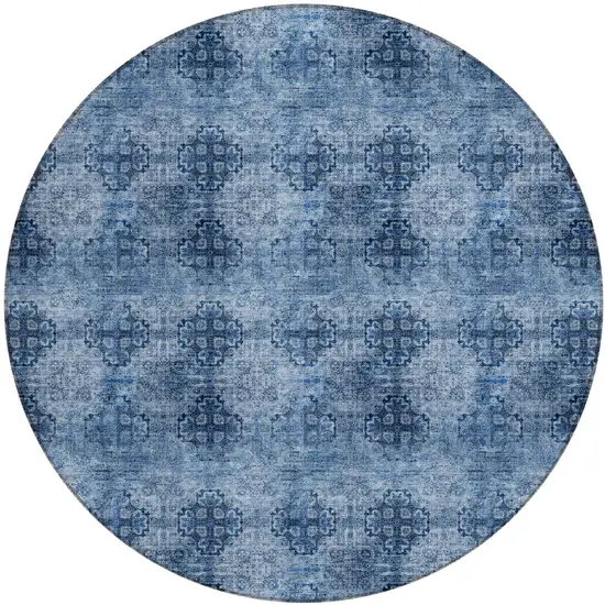 Navy Blue Round Floral Medallion Washable Non Skid Indoor Outdoor Area Rug Photo 2