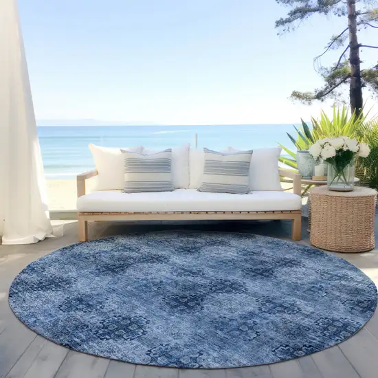 Navy Blue Round Floral Medallion Washable Non Skid Indoor Outdoor Area Rug Photo 6