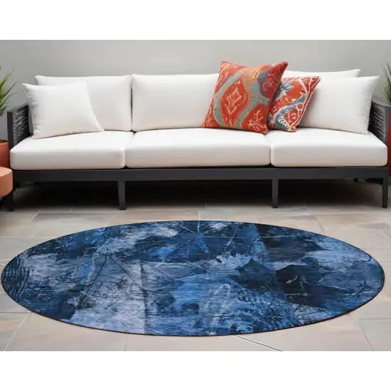 8' Round Navy Blue Round Floral Washable Non Skid Indoor Outdoor Area Rug Photo 1