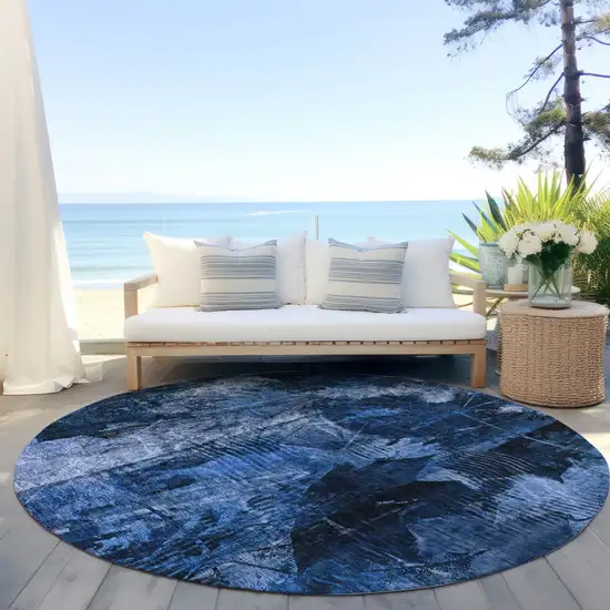 8' Round Navy Blue Round Floral Washable Non Skid Indoor Outdoor Area Rug Photo 8