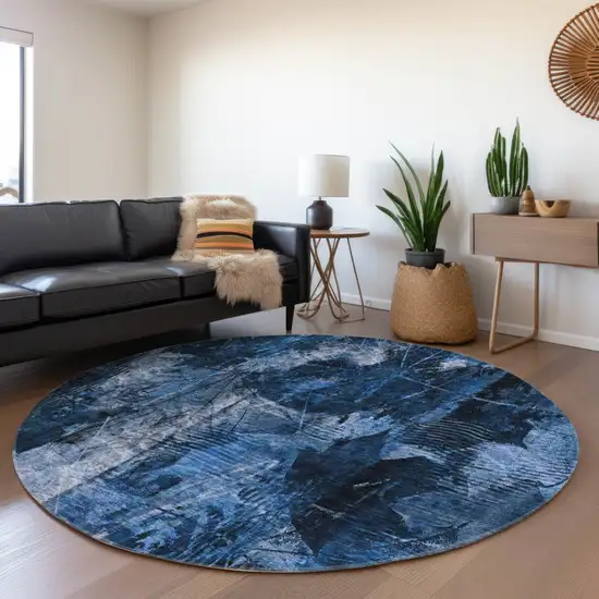 8' Round Navy Blue Round Floral Washable Non Skid Indoor Outdoor Area Rug Photo 9