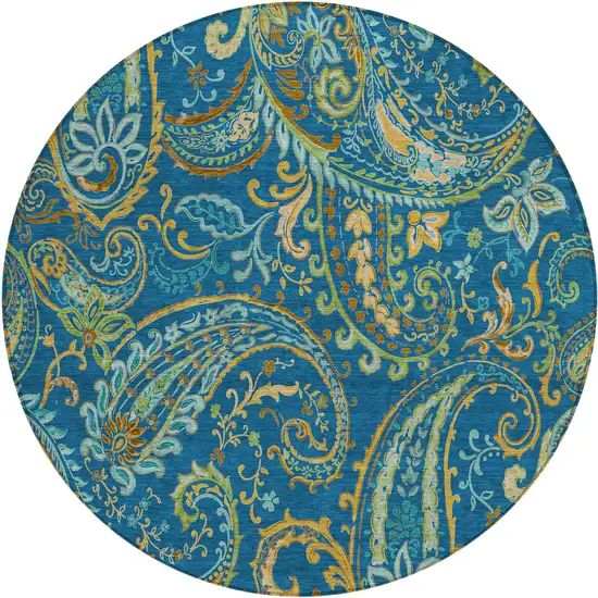 8' Round Navy Blue Round Paisley Washable Non Skid Indoor Outdoor Area Rug Photo 2