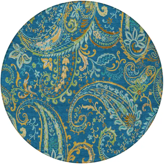 8' Round Navy Blue Round Paisley Washable Non Skid Indoor Outdoor Area Rug Photo 5