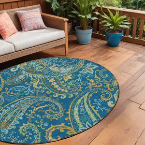 Photo of 8' Round Navy Blue Round Paisley Washable Non Skid Indoor Outdoor Area Rug