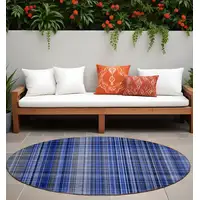 Photo of 8' Round Navy Blue Round Plaid Washable Non Skid Indoor Outdoor Area Rug