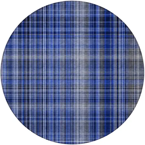 8' Round Navy Blue Round Plaid Washable Non Skid Indoor Outdoor Area Rug Photo 4