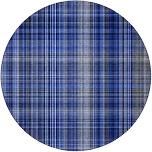 Photo of 8' Round Navy Blue Round Plaid Washable Non Skid Indoor Outdoor Area Rug