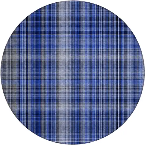 8' Round Navy Blue Round Plaid Washable Non Skid Indoor Outdoor Area Rug Photo 2