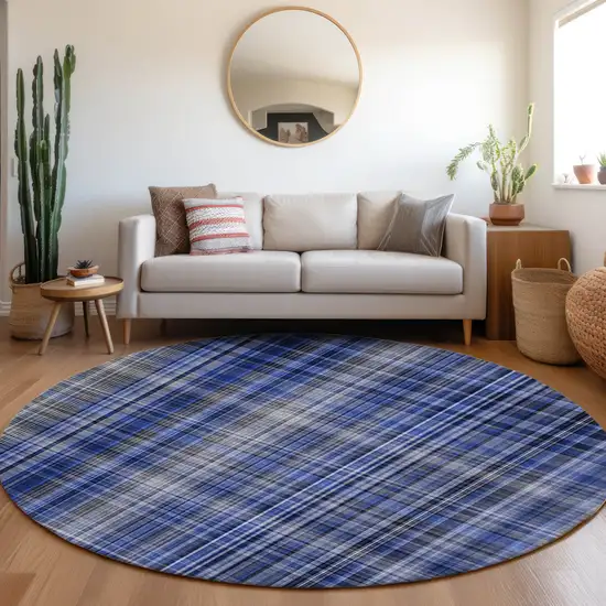 Navy Blue Round Plaid Washable Non Skid Indoor Outdoor Area Rug Photo 9