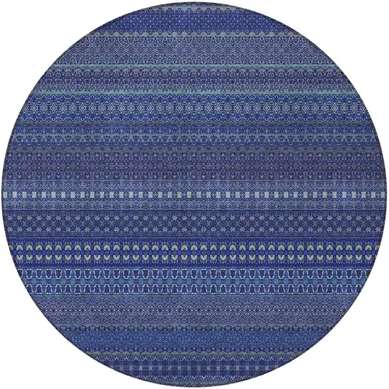 8' Round Navy Blue Round Striped Washable Non Skid Indoor Outdoor Area Rug Photo 5