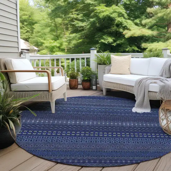 8' Round Navy Blue Round Striped Washable Non Skid Indoor Outdoor Area Rug Photo 8