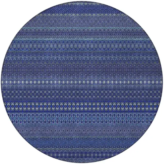 Navy Blue Round Striped Washable Non Skid Indoor Outdoor Area Rug Photo 5