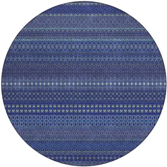 8' Round Navy Blue Round Striped Washable Non Skid Indoor Outdoor Area Rug Photo 2