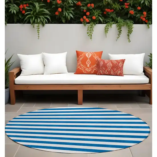 Navy Blue Round Striped Washable Non Skid Indoor Outdoor Area Rug Photo 1