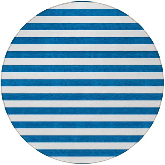 Navy Blue Round Striped Washable Non Skid Indoor Outdoor Area Rug Photo 4