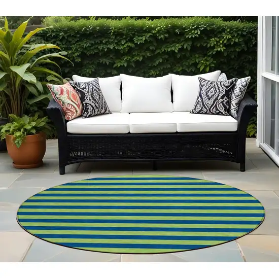 8' Round Navy Blue Round Striped Washable Non Skid Indoor Outdoor Area Rug Photo 1