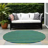 Photo of 8' Round Navy Blue Round Striped Washable Non Skid Indoor Outdoor Area Rug