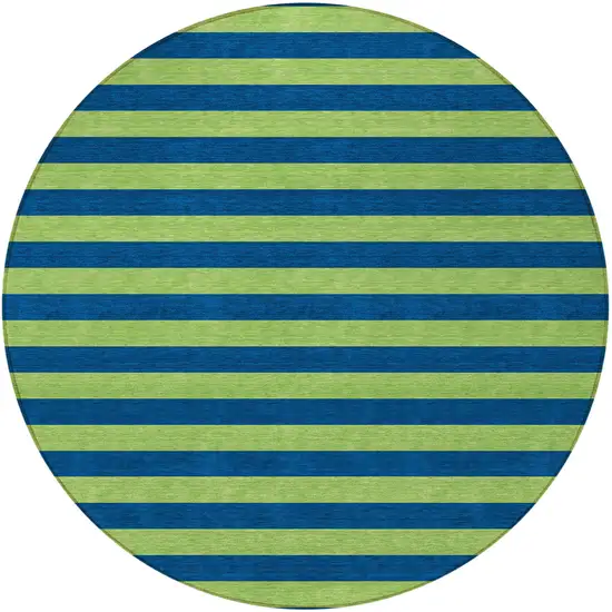 8' Round Navy Blue Round Striped Washable Non Skid Indoor Outdoor Area Rug Photo 4