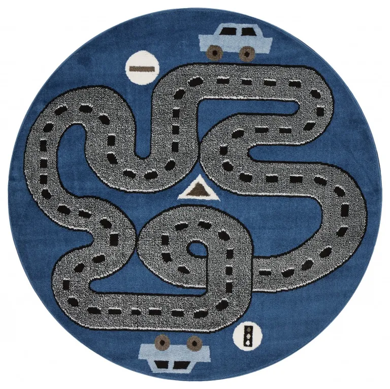 5' Round Navy Imaginative Racetrack Area Rug Photo 1