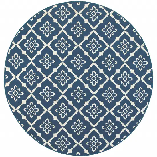 8' Round Navy Round Floral Stain Resistant Indoor Outdoor Area Rug Photo 1